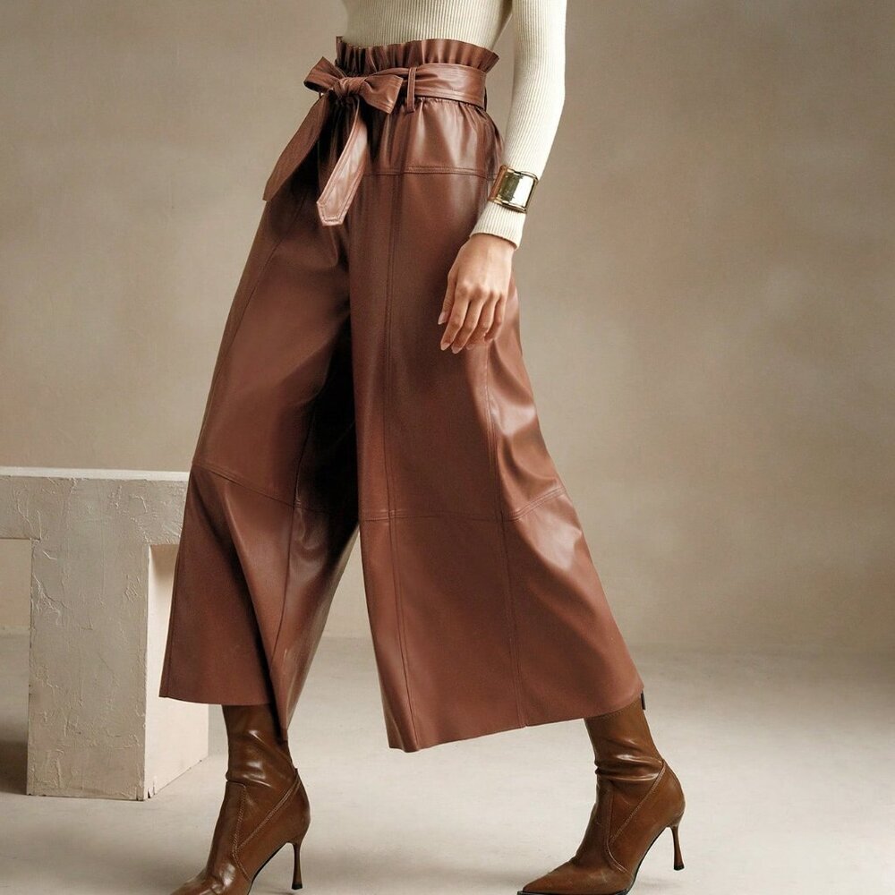 Brown Casual Women's High Waist Wide Leg faux Leather Pants